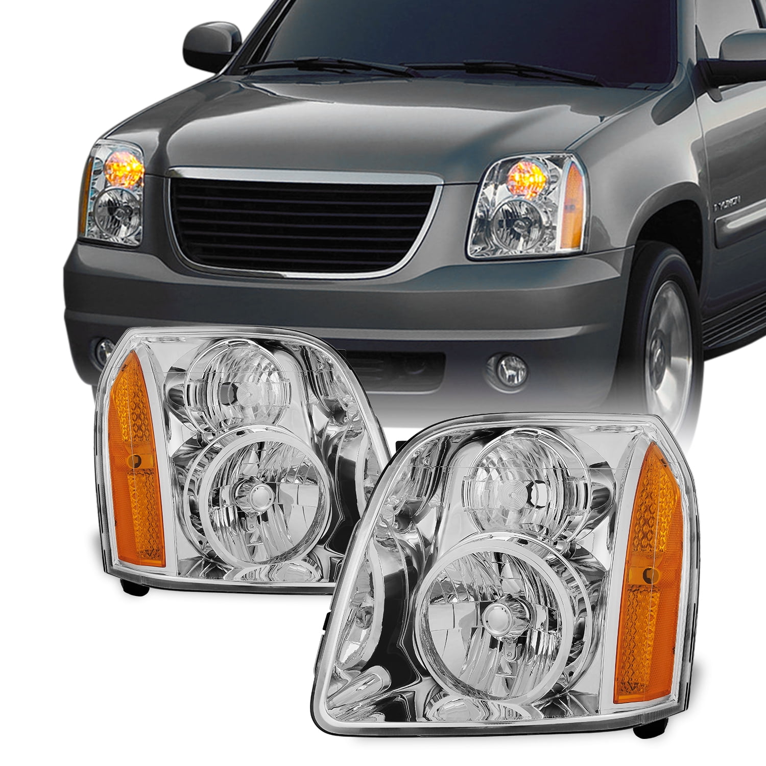 For 2007-2014 GMC Yukon/Yukon XL Denali Hybrid Amber OE Style Black Headlights