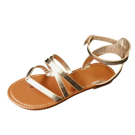 

Ladies Fashion Summer Solid Color Leather Clamping Toe Buckle Flat Sandals
