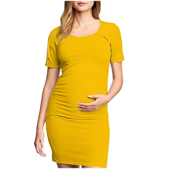 Robe de Maternité pour Femmes, Style Mi-Mollet Plissé à Imprimé avec Manches Courtes et Encolure Ronde, Mélange Polyester-Spandex, Coupe Extensible et Confortable pour Séances Photo de Grossesse Ou Événements Formels