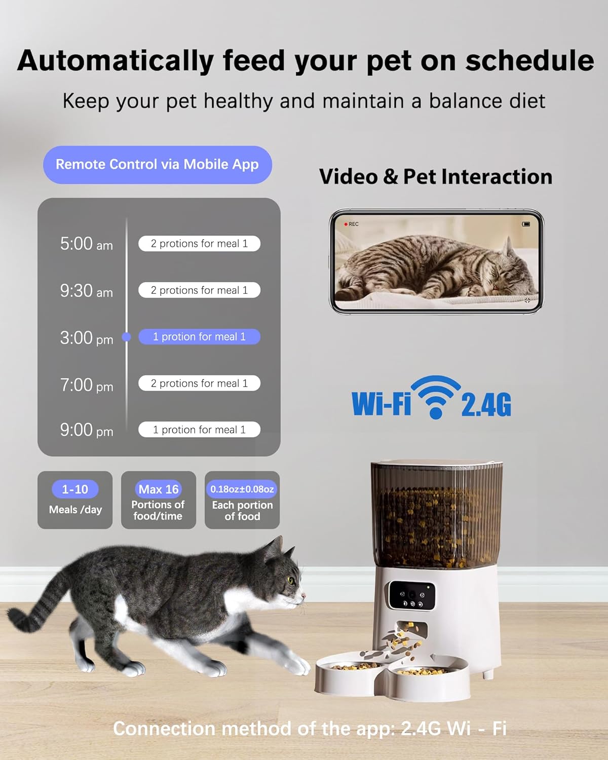DENZUS Automatic Cat Feeder 2 Cats with Camera, 5L Dual Pet Auto Timed Electric Smart App Food Feeding Dispenser (White, 2 Bowls)