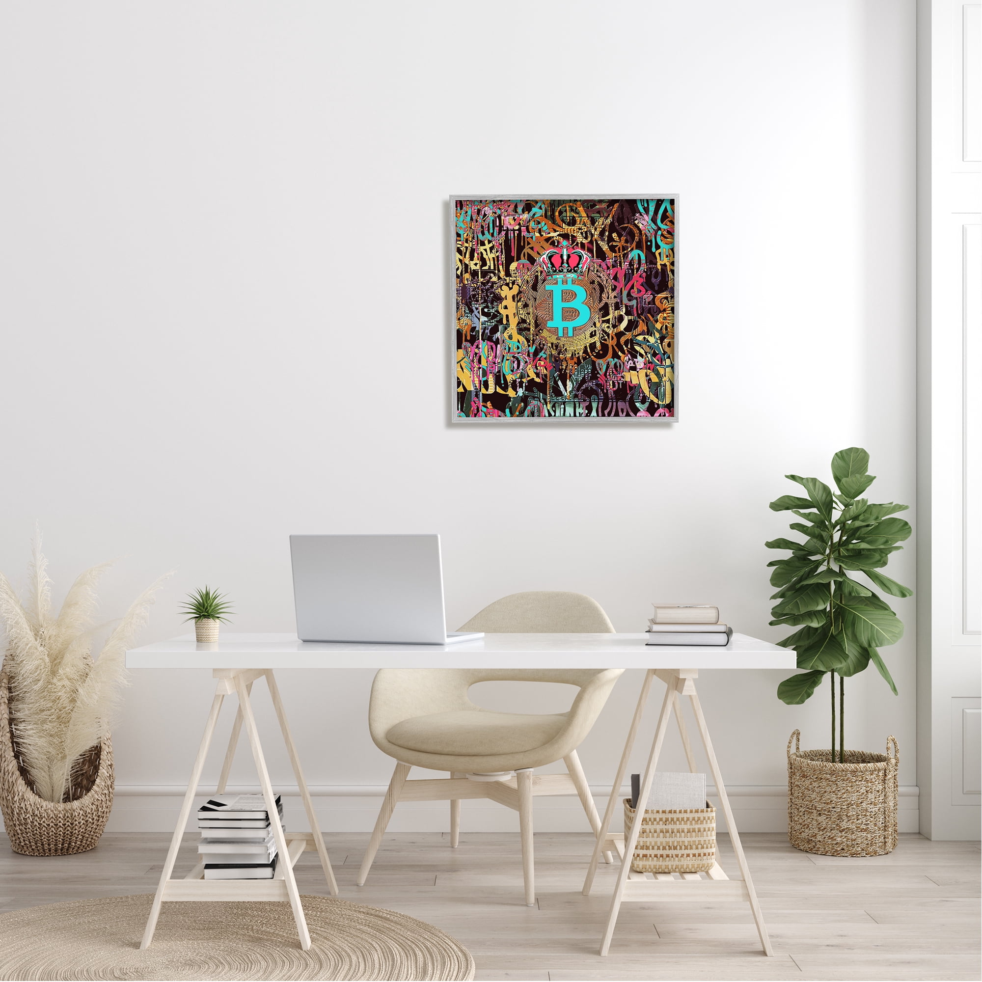 Stupell Graffiti Street Style Bitcoin Symbol Beauty & Fashion Painting Gray Framed Art Print Wall Art