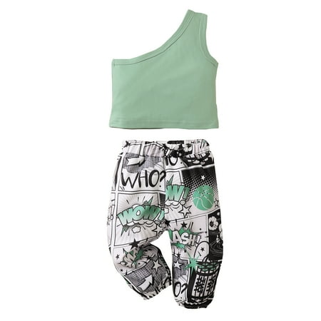 

Baby Girls Outfits Solid Color One Shoulder Top+Interesting Pictures Print Pants 2PCS Clothes Set 9-12 Months Green