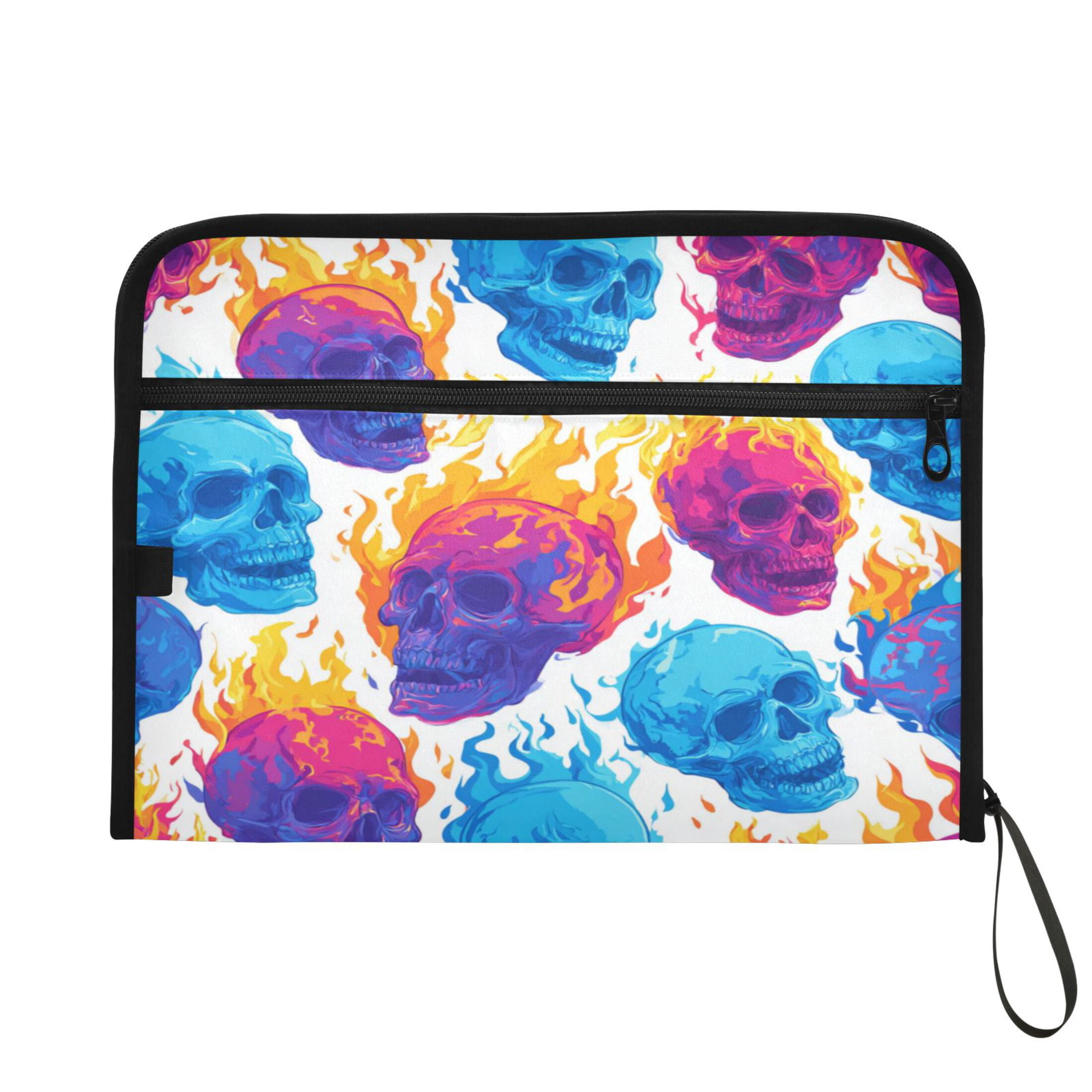 13 Individual Pockets Organ Folder Waterproof A4 Size File Folder Home Work Office Categorized Storage File Manager Colorful Skulls with Flames
