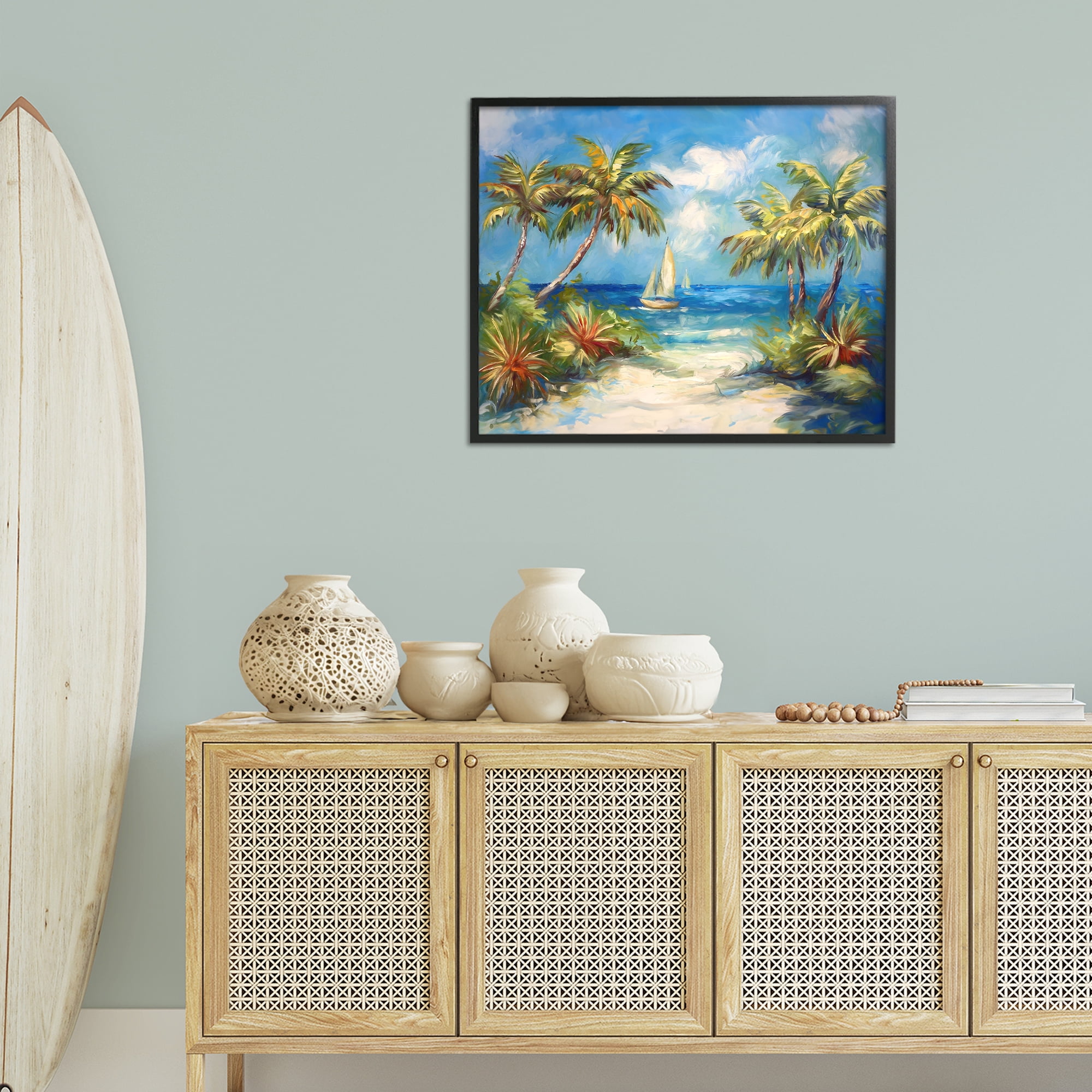 Stupell Industries Tropical Paradise Harbor Coastal Painting Black Framed Art Print Wall Art, 30 x 24