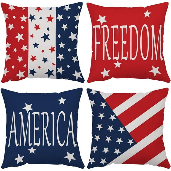 4th of July Throw Pillow Covers 12x12 Set of 4 Patriotic Pillow Covers American Flag Memorial Day Velvet Fourth of July Red White Blue Pillow Case Cushion Covers Home Outdoor Sofa Decorations