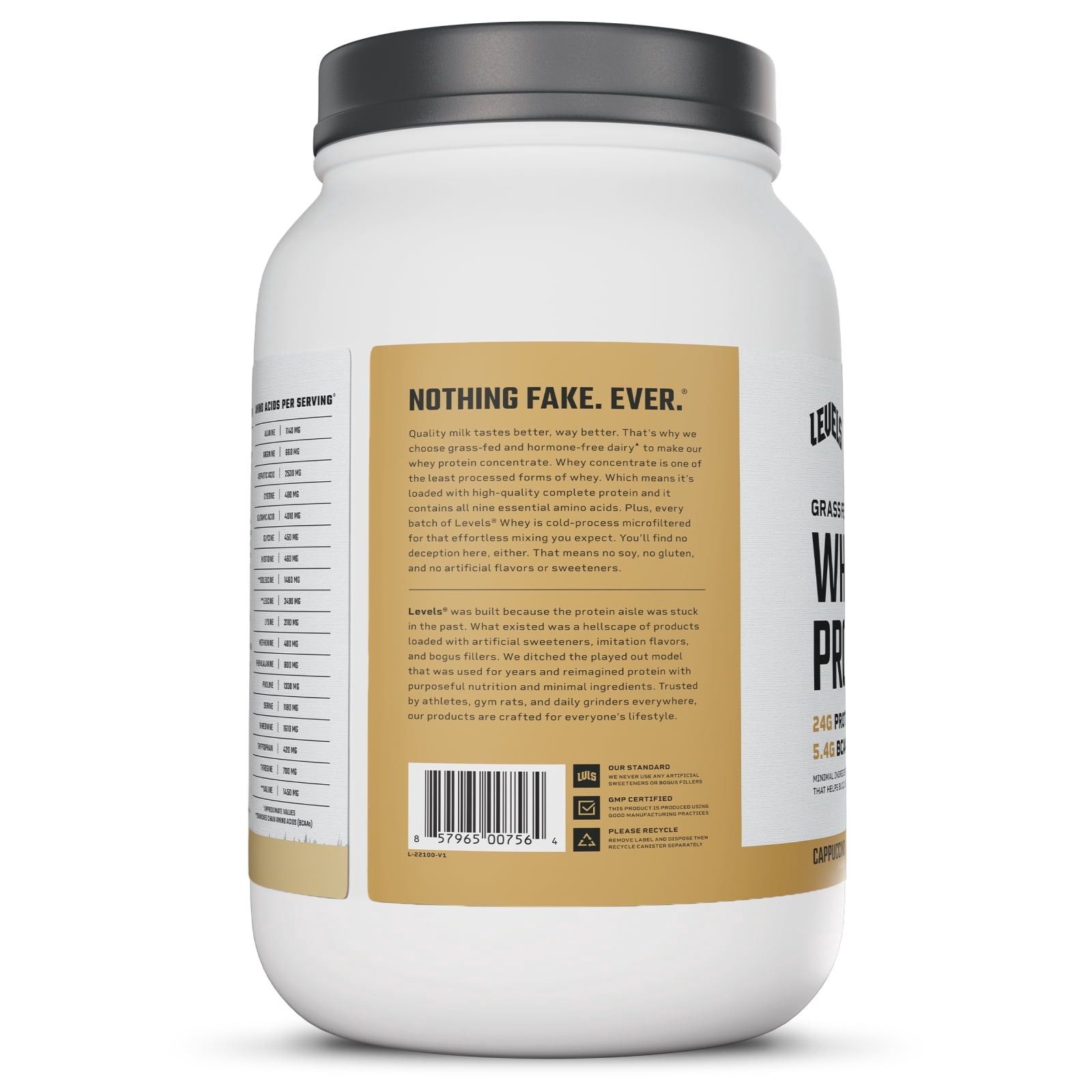 Levels Grass Fed Whey Protein Powder, No Artificials, 24G of Protein, Cappuccino, 2LB