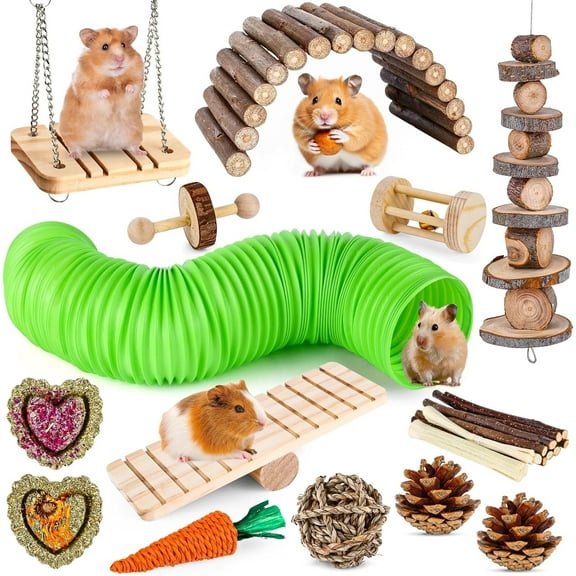 ZeenArt Hamster Toys Set, Wooden Guinea Pig Toys, Teething Toys Hamster Cage Accessories