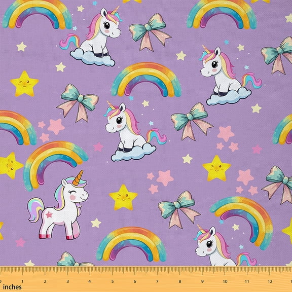 Castle Fairy Girls Cute Unicorn Fabric by the Yard 1 Yard, Dreamy Bow Knot Home Decor Fabric by the Yard, Watercolor Star Rainbow Sewing Fabric, Purple Room Decor