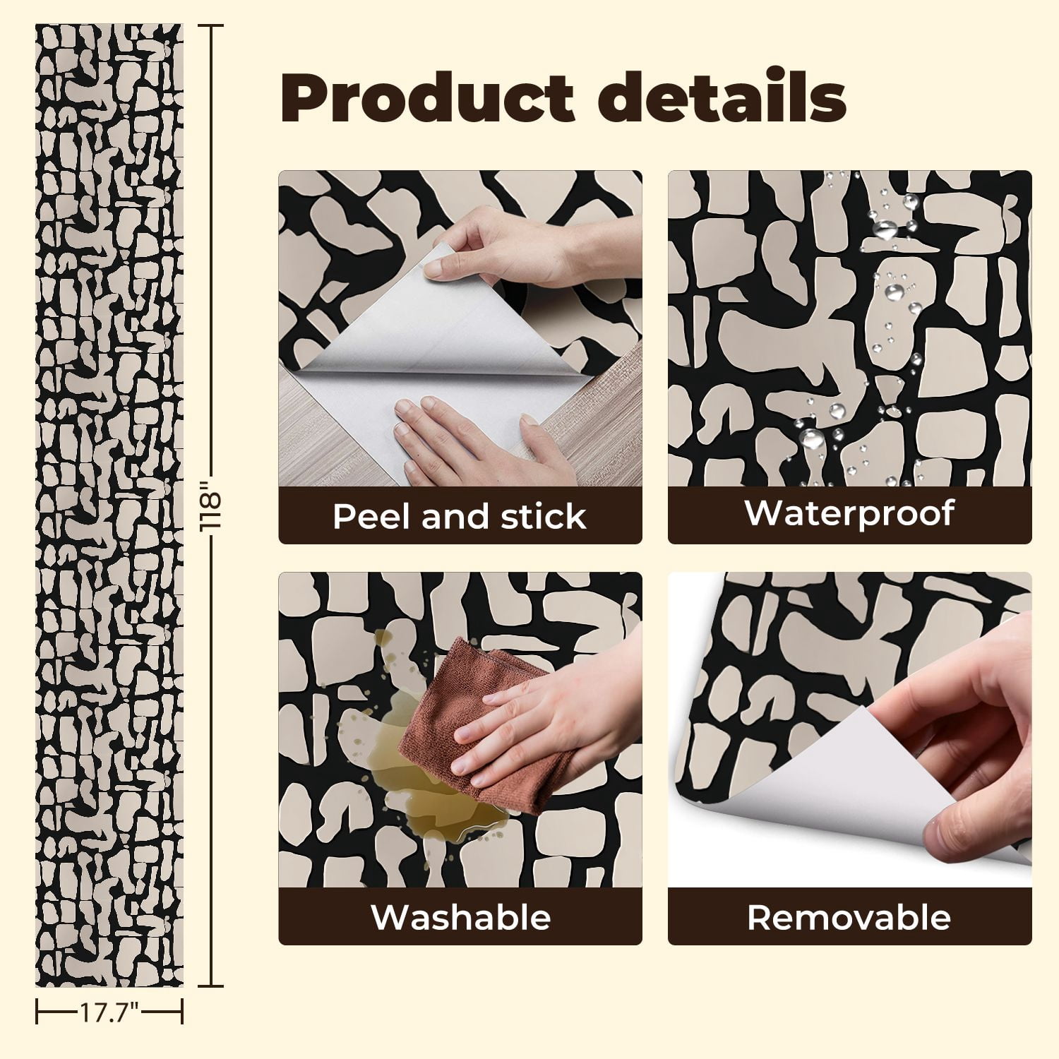 Peel and Stick Wallpaper Abstract Black Beige Geometric Organic Shapes Wall Mural 17.7in x 9.8ft Self Adhesive Removable Wall Paper Renter Friendly Wallpaper for Nursery Bedroom Cabinets