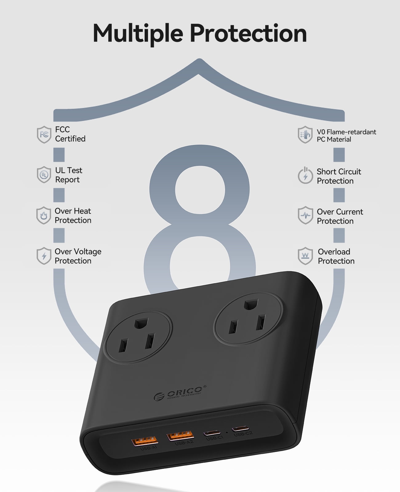 ORICO 25W GaN 8-in-1 Power Strip with 4 AC Outlets & 4 USB Ports (USB-A/USB-C), 5ft Flat Plug Outlet Extender for Home Office Travel(BLACK)