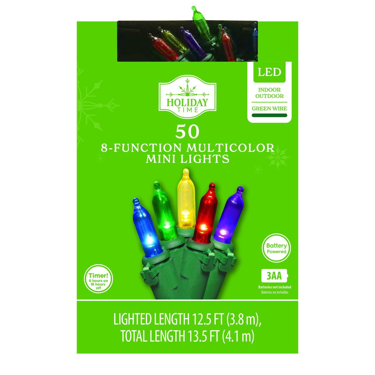 Indoor/Outdoor 50-Count LED 8-Function Mini Christmas String Lights, Multicolor, 12.5', by Holiday Time