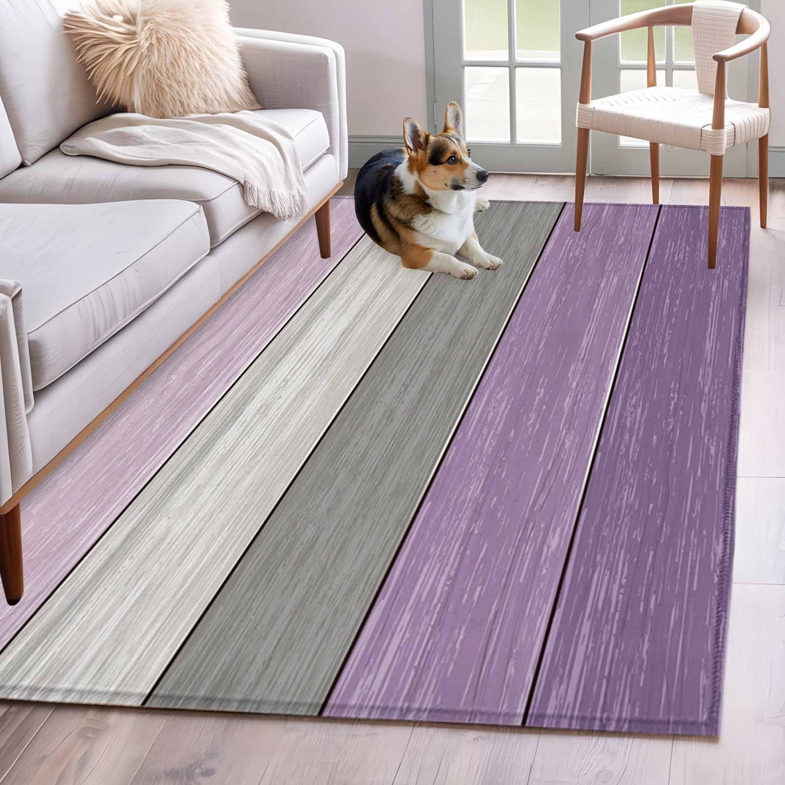 Area Rug for Living Room, Purple Grey Wood Grain Non-Slip Indoor Large Carpet for Bedroom/Dining Room, Ombre Rustic Retro Wooden Plank Washable Low-Profile Rectangle Floor Mat Runner Rugs - 3 x 5 Ft