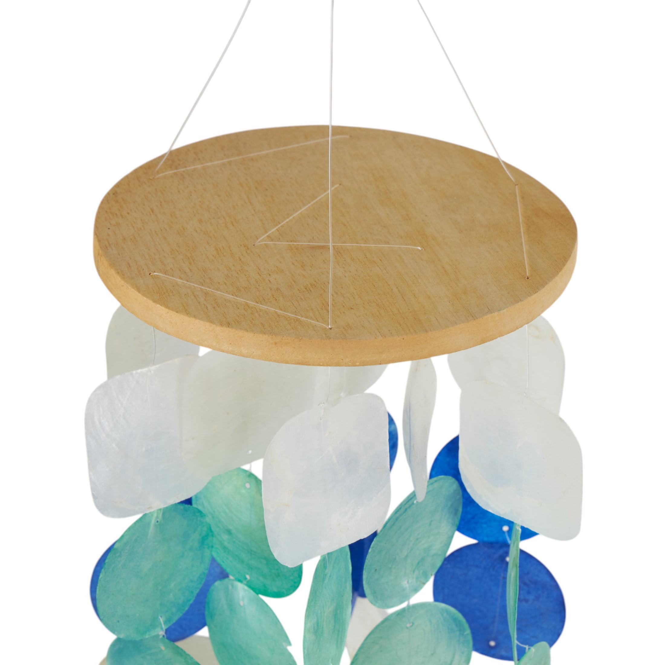 DecMode 5" White Capiz Shell Waterfall Geometric Windchime with Blue and Teal Accents