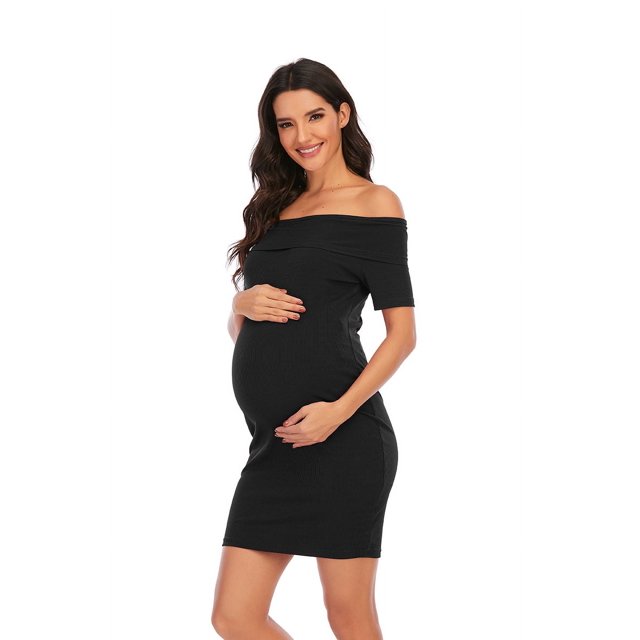 Vestido de manga corta con hombros descubiertos y color liso para embarazadas, vestido de un solo hombro