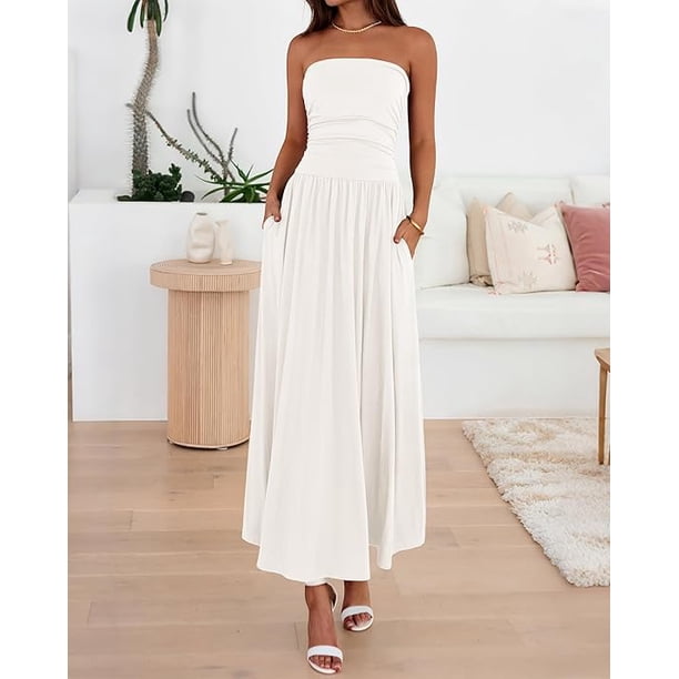 Btfbm Summer Maxi Dresses for Women Strapless Ruched Tube Top Beach Vacation Spring Wedding Guest Dress Pockets, Women's, Size: Small, Blue