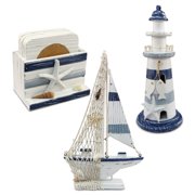 CoTa Global Blue Stripes Nautical Collection - Blue Stripes Nautical Coasters Set, Lighthouse Decoration with Hanging Fish, and Model Sailboat Decor, Nautical Themed Table Top Decor Set - 3 Pieces