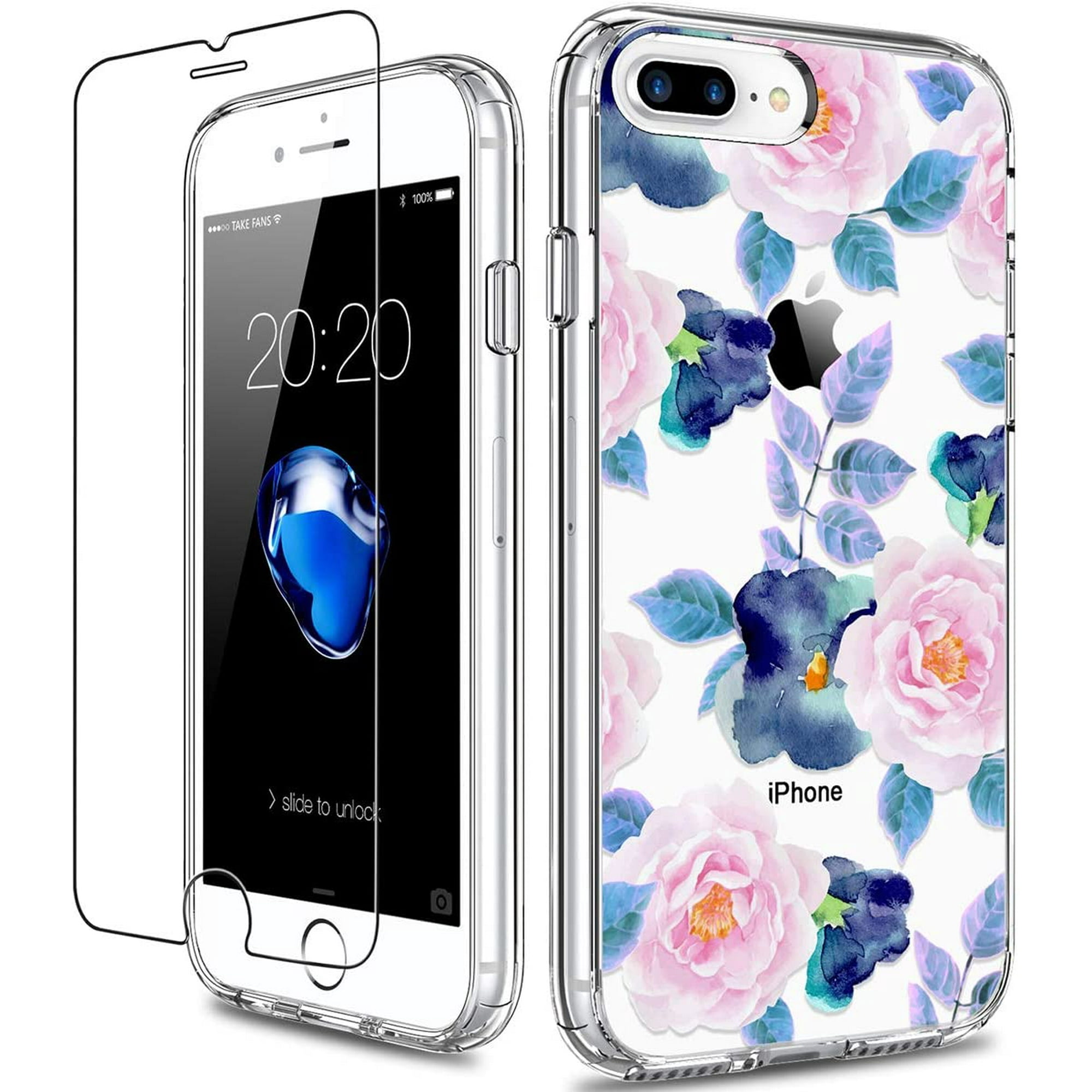 ATTOE iPhone 8 Plus Case, iPhone 7 Plus Case with Screen Protector, Clear  Heavy Duty Protective Case Floral Girls Women Hard PC Case with TPU Bumper  Cover Phone Case for iPhone 8