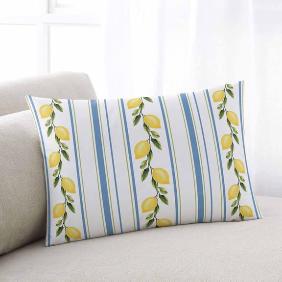 Lemon Striped Throw Pillow Cover, Pillowcase Protectors with Zipper, Breathable Decorative Lumbar Pillow Case Cover, Yellow Fruit Blue White Geometric Pillow Shams for Couch Sofa 12x20Inch