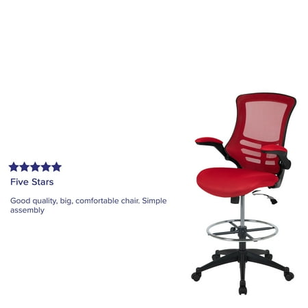 Flash Furniture - Mid-Back Mesh Ergonomic Drafting Chair with Adjustable Foot Ring and Flip-Up Arms - Red Mesh