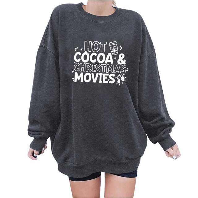 Qertyioot Chemises à Manches Longues pour Femmes, Mode Féminine Blouse Ample Col Rond T-Shirt Imprimé de Noël