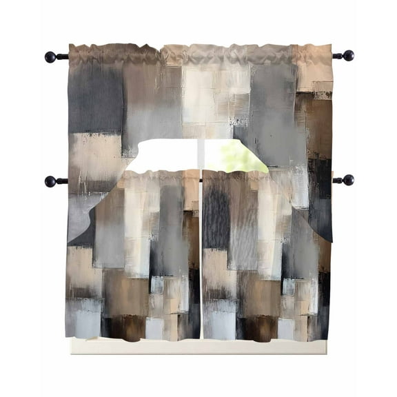 Grey Brown Abstract Kitchen Curtains Sets 24 Inch Length with Valance, Oil Painting Color Blocks Swag Valances and Tiers Curtain Set Drapes Swag Curtains for Living Room, Bathroom, Bedroom, Cafe