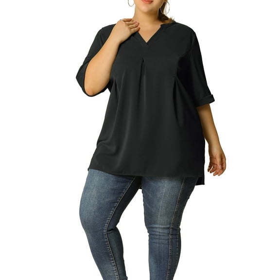 Unique Bargains Women's Plus Dip Hem Blouse V Neck Short Sleeve Tunic Top