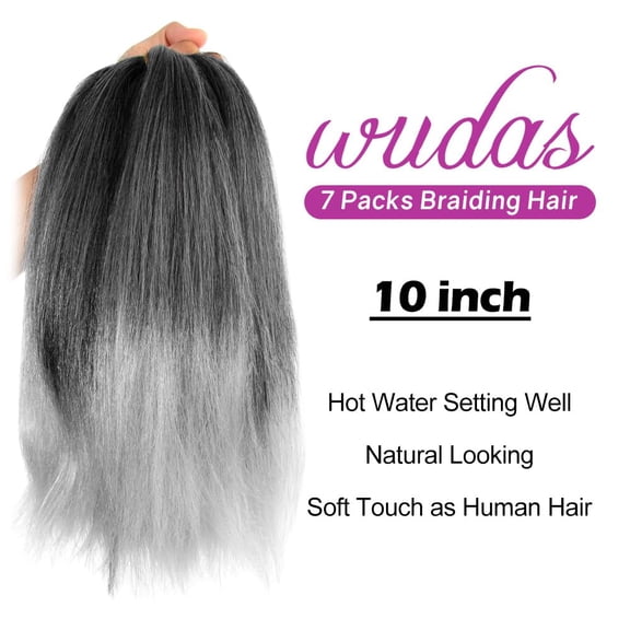 WEIF-Ombre Grey Braiding Hair 10 Inch Short Pre Stretched Hair Straight Yaki Texture Synthetic Hair Extensions Softness, 2 Packs