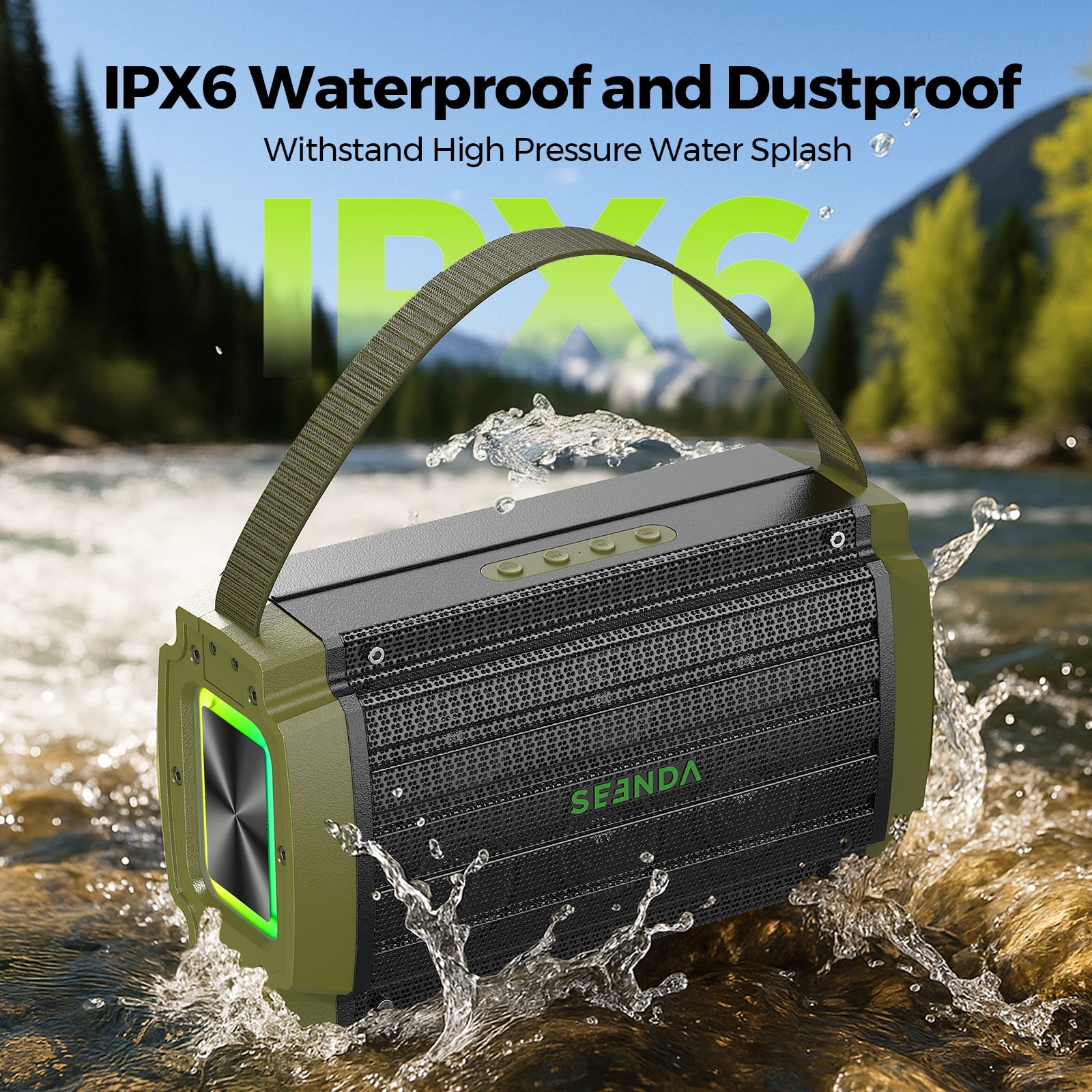 Seenda Bluetooth Speaker, 80W, Subwoofer, RGB Lights, 10H Playtime, IPX6 Waterproof Portable Wireless Speaker with Handle for Outdoors, Camping, Beach