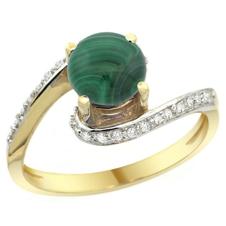 - 14k Yellow Gold Natural Malachite Swirl Design Ring Diamond Accent Round 6mm, 1/2 inch wide