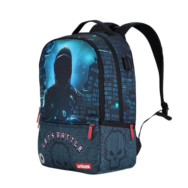 Mochila escolar UNIKER Hacker Theme con puerto de carga USB de 15.6 pulgadas