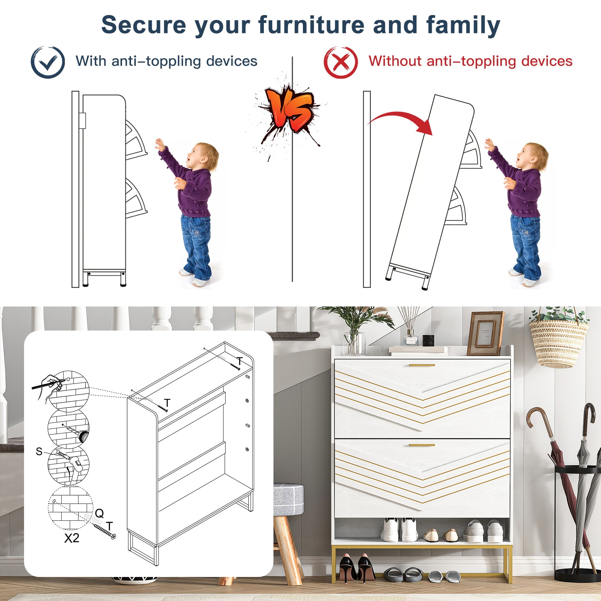 Finihen Shoe Storage Cabinet with 2 Flip Drawers for Entryway, Freestanding Storage Racks Hidden Narrow Shoe Organizers with Metal Legs, White Finihen Shoe Storage Cabinet with 2 Flip Drawers for Entryway, Freestanding Storage Racks Hidden Narrow Shoe Organizers with Metal Legs, White