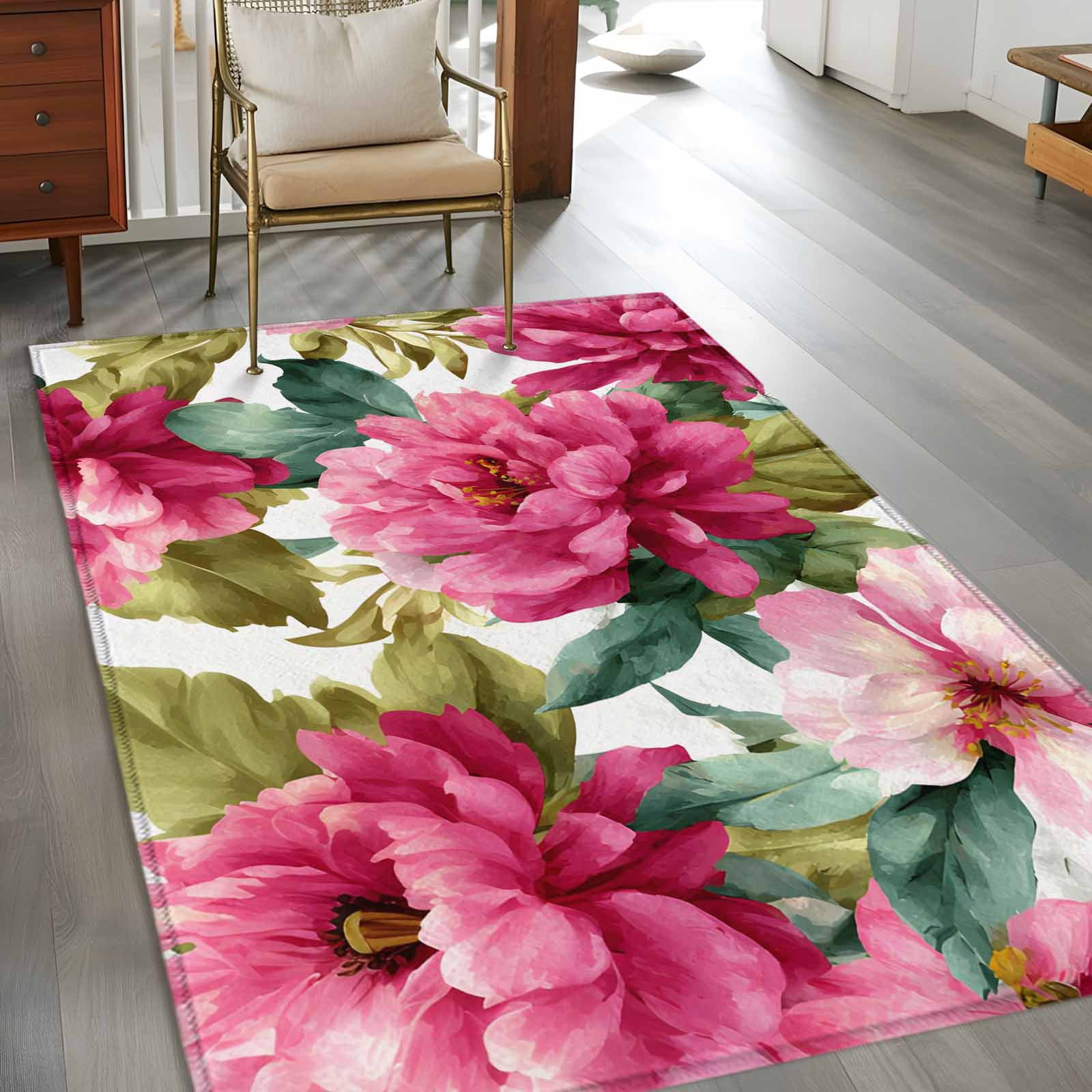Pink Floral Area Rugs 4'x6', Washable Small Throw Rugs for Office Bathroom, Watercolor Flowers Leaves Plants Watercolor Indoor Outdoor Rug Non-Slip Low Pile Carpet Runner Reversible Floor Mats