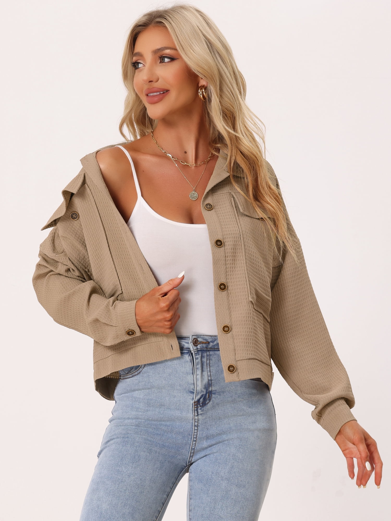 DARING DIVA Women's Waffle Shacket Pocket Collared Shirt Jackets XL Khaki