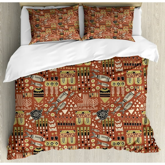 Tribal Duvet Cover Set, Grunge and Tribal Inspired Pattern of Prehistoric Art of Animals, Decorative 3 Piece Bedding Set with 2 Pillow Shams, Calking Size, Cinnamon Khaki, by Ambesonne