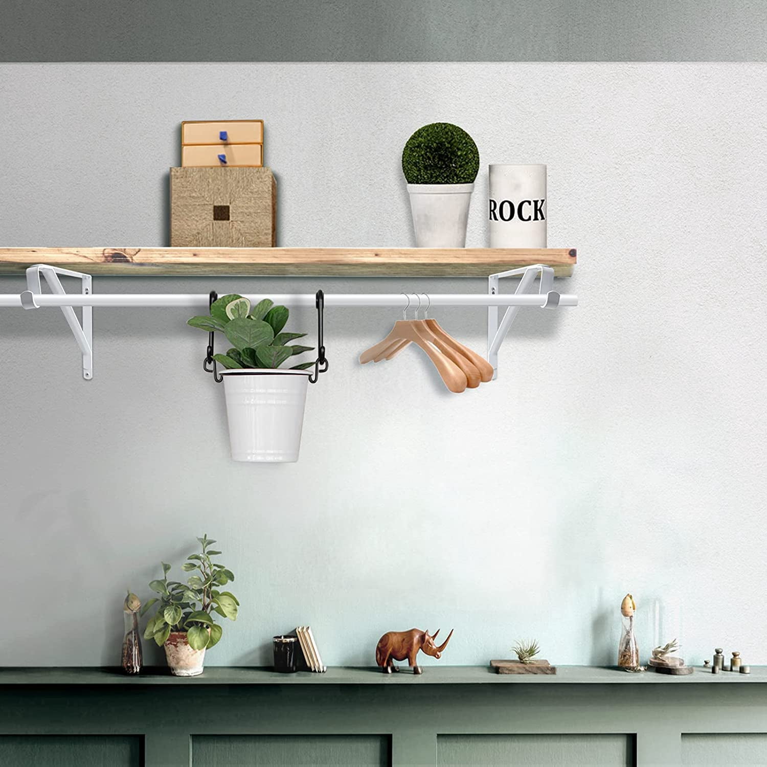 KOLAKO Closet Rod Brackets, Heavy Duty Shelf Brackets, Wall Mounted Metal Clothes Hanger Pole Support Hooks,10.9X 10.2 inch, 2 Pack, White