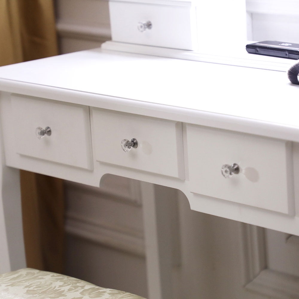 Lowestbest Dressing Table Vanity with Stool, White Dressing Vanity Table Desk for Bedroom, Bathroom, Makeup Vanity Table with Light Bulb, 360-degree Rotating Mirror, 2 Storage Boxes, 3 Drawers Lowestbest Dressing Table Vanity with Stool, White Dressing Vanity Table Desk for Bedroom, Bathroom, Makeup Vanity Table with Light Bulb, 360-degree Rotating Mirror, 2 Storage Boxes, 3 Drawers