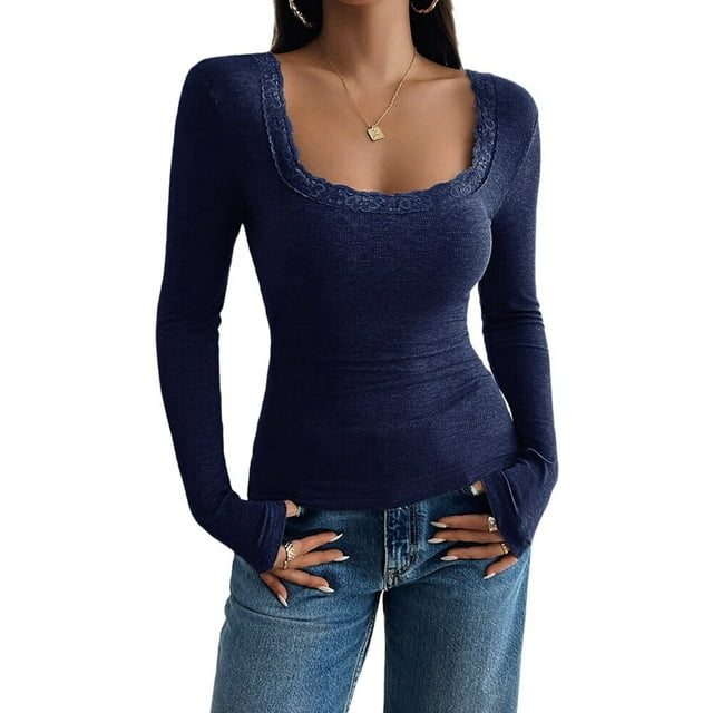 Womens Long Sleeve Shirts Square Neck Ribbed Knit Crop Tops Fall Outfits Fashion Clothes Navy Blue S