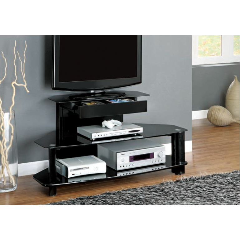 TV STAND 48"L / GLOSSY BLACK WOOD / METAL / TEMPERED