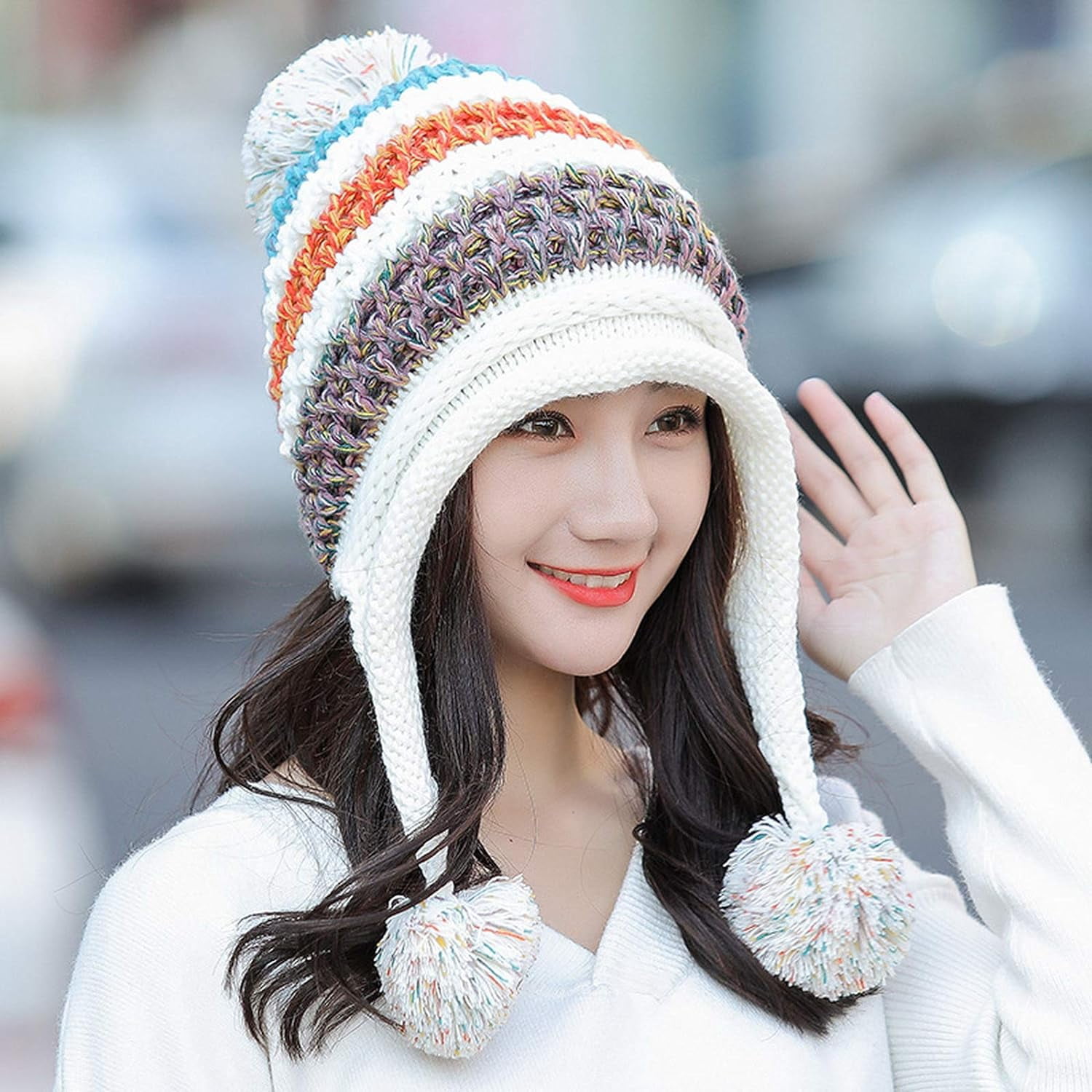 YooGuoGuo Women Fleece Lined Beanie Cap Contrast Color Warm Knitted Ski Hat w/Earflap Pom