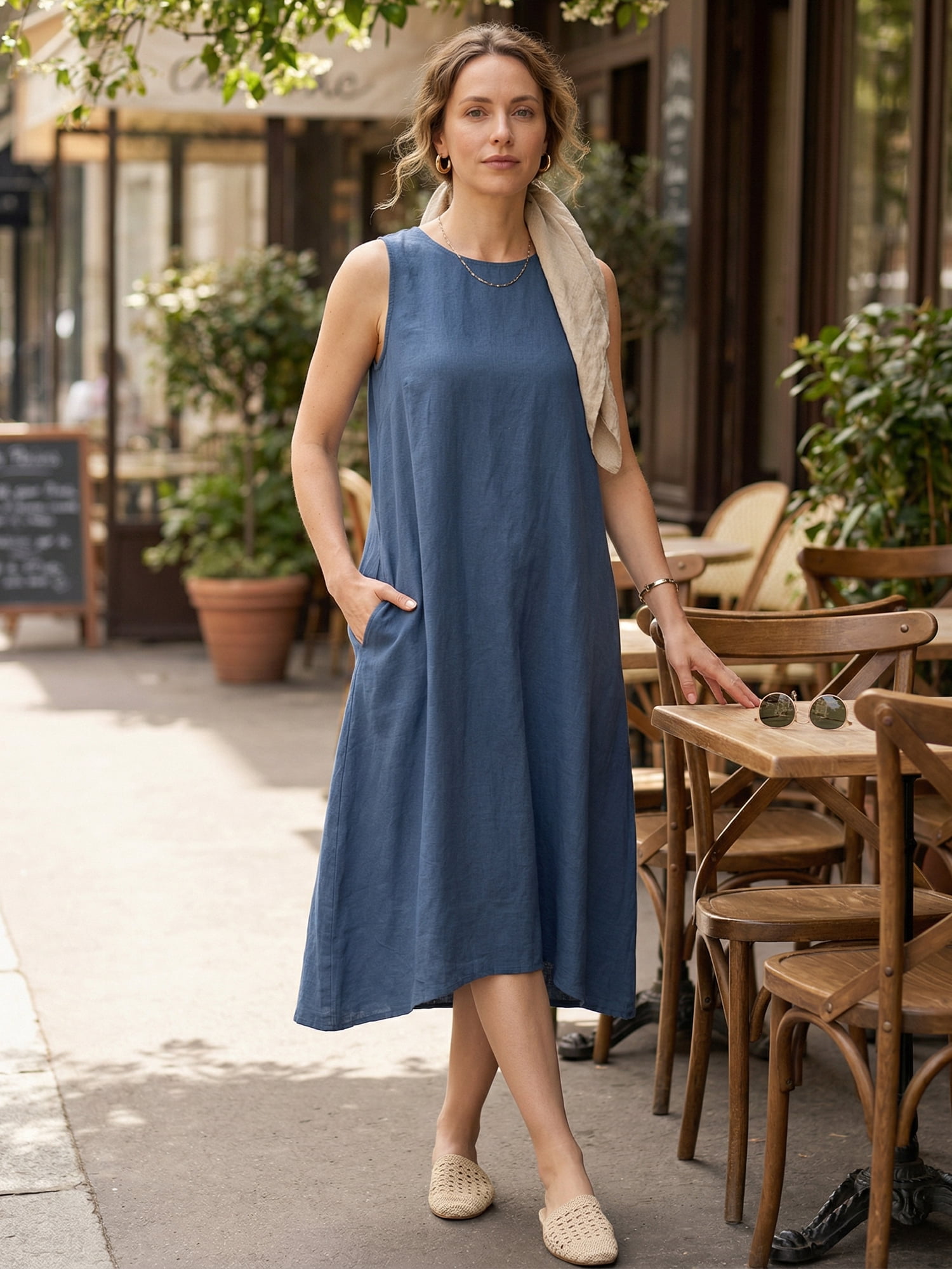 DARING DIVA Linen Sleeveless Dress Small Navy