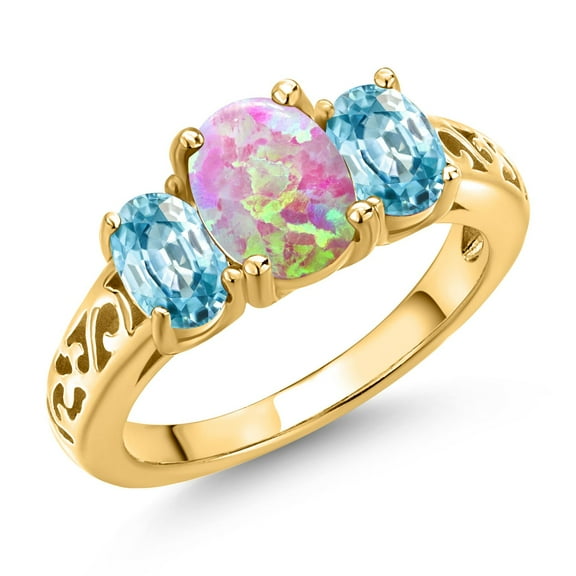 Gem Stone King 18K Yellow Gold Plated Silver Pink Opal and Blue Zircon Filigree Style 3 Stone Ring for Women (2.35 Cttw, Oval 8X6MM and 6X4MM) (Size 7)