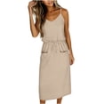 thumbnail image 3 of Efsteb Summer Formal Dresses For Women Spaghetti Strap V-Neck Drawstring Waist Midi Dress Solid Color Casual Dress with Side Pockets (Beige,L), 3 of 4