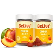 (2 pack) BeLive Omega 3 Gummies with Omegas 6, 7, & 9. Sugar-Free, Supports Brain, Heart, Eye & Immune System, For Adults & Kids, Peach Flavored
