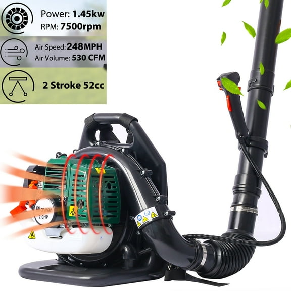 Backpack Leaf Blower Gas Powered 52CC, Seizeen Cordless Leaf Blower 530CFM Powerful, with Adjustable Handle & Extended Tube for Yard, Green