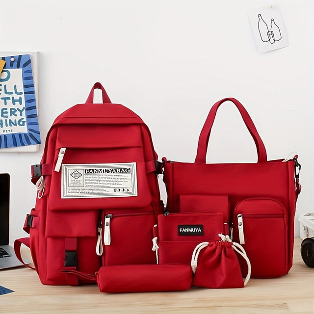 5pcs Large Capacity Durable Schoolbags Set - Simple Fashion Backpack With Shoulder Bag, Handbag, Pen Case And Coin Purse