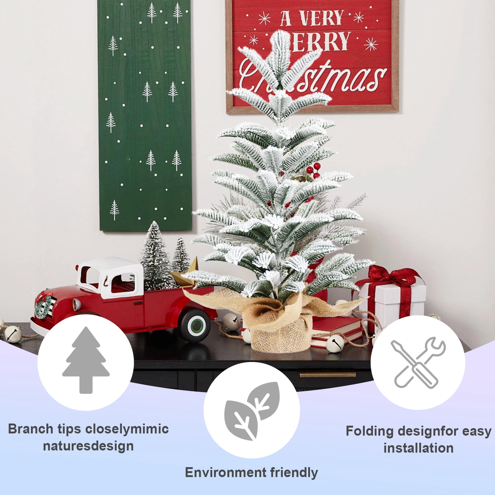 Full PE Realistic Snowy Mini Christmas Tree 50cm with 85 Tips Flocked Finish Weighted Cement Base Burlap Wrap Compact Tabletop Holiday Decor