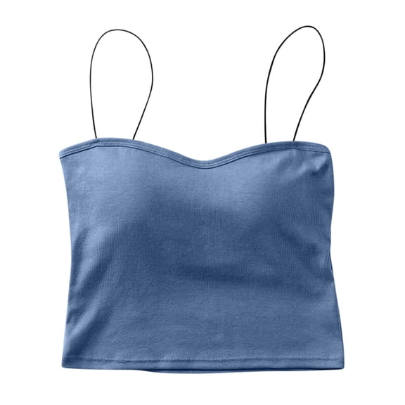 Women's Tank Tops Thin Strap Sleeveless Undershirts with Built in Bra Strentchy Ribbed Tube Top for Summer Blue Free Size