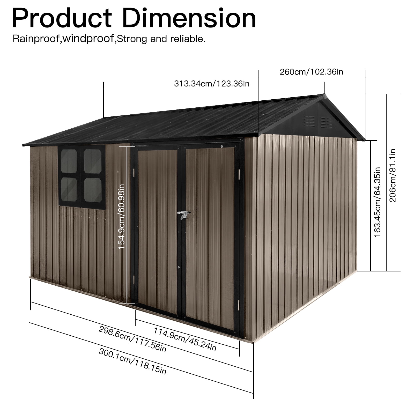 Aukfa 10FT x 8FT Outdoor Storage Shed, Metal Shed Storage with Window, Roof Slope Tool Shed with Door and Padlock for Backyards, Patio Lawns and Outdoor, Brwon