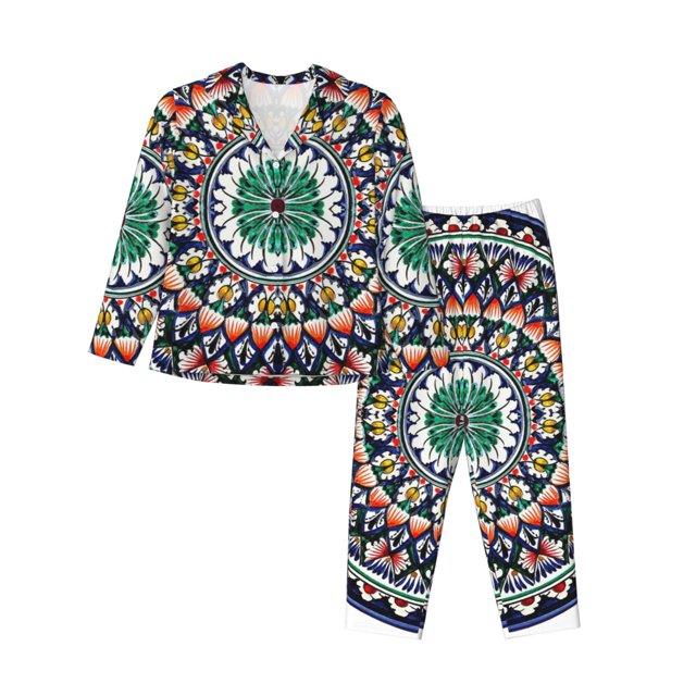 Fotbe Colorful With Blue Oriental Conjunto de Pijama de Manga Larga para Mujer con Estampado, Ropa de Dormir de 2 Piezas, Conjunto de Casa Suave y Cómodo con Bolsillos-Medium