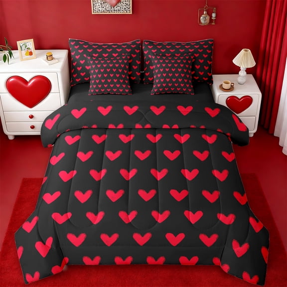 Manfei Kawaii Loves Pattern 7-Piece Twin Bedding Sets,Cute Heart Print Bedding Comforter Set,Red Black Sheet Sets For Princess,Ultra Soft Home Decor Reversible